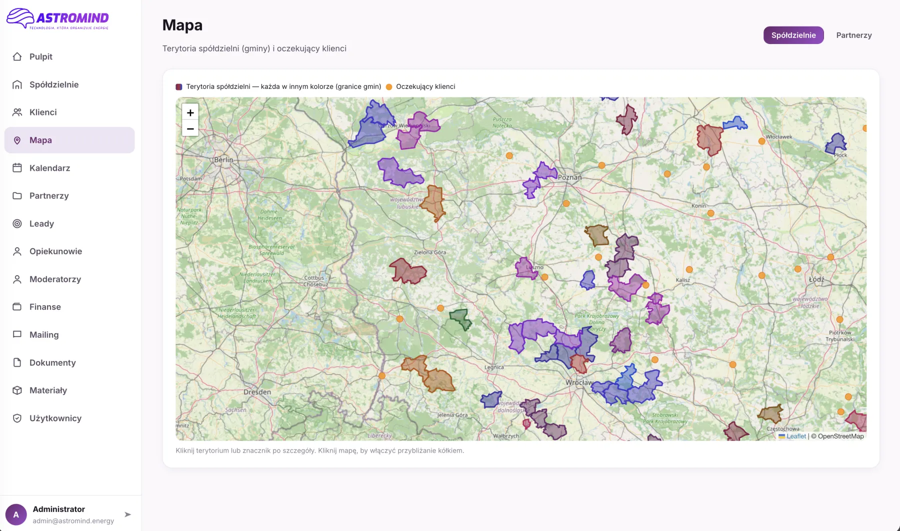 Mapa terytoriów spółdzielni energetycznych w AstroMIND