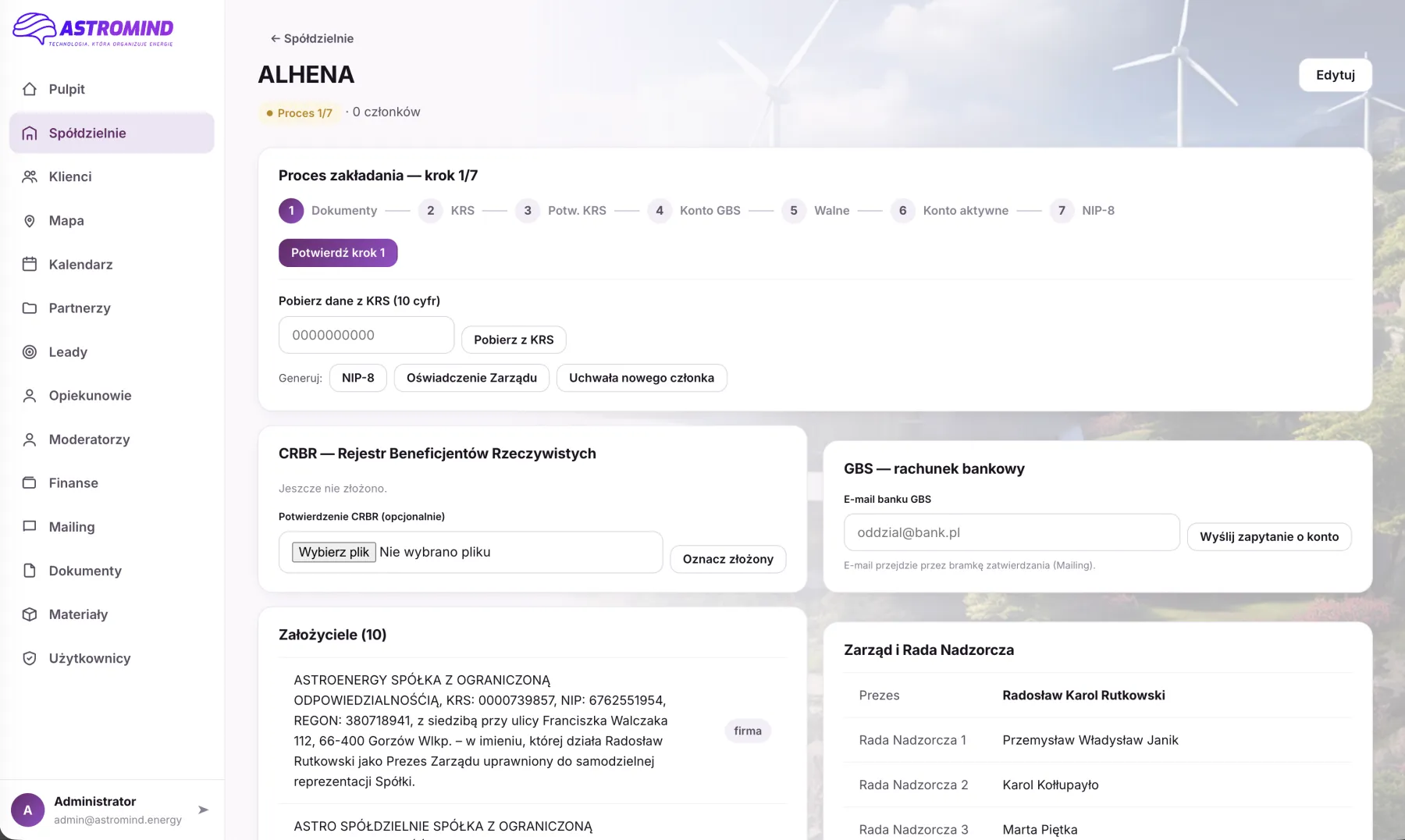 Wizard procesu zakładania spółdzielni w AstroMIND
